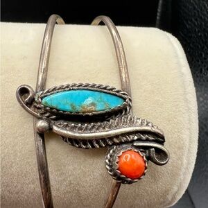 Native American Silver Bracelet with Turquoise and Coral Accents